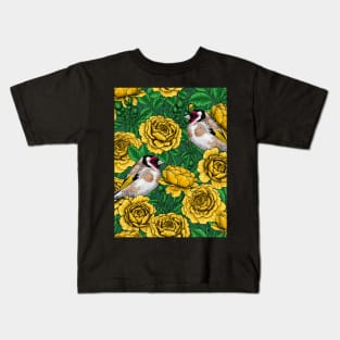 Yellow Rose flowers and goldfinch birds Kids T-Shirt